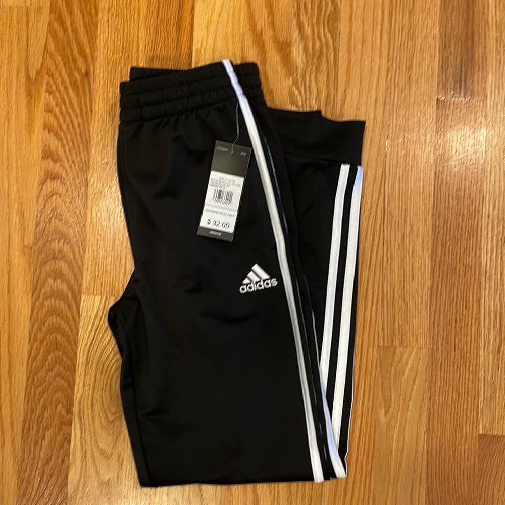 ADIDAS Tricot Jogger Boys Medium 10/12 Black White Stripes Style AK0162 NWT